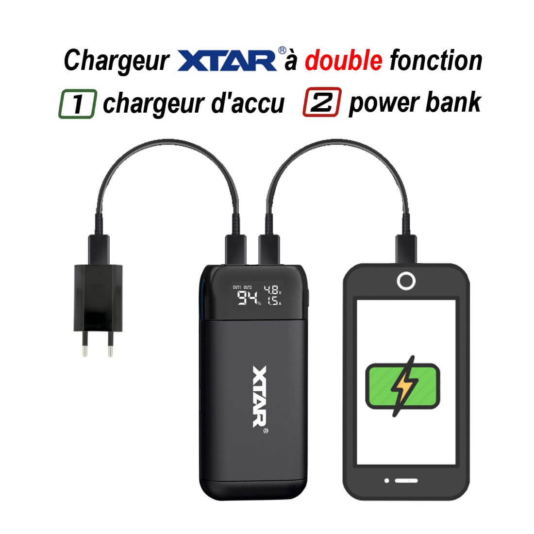 Chargeur deux accus VC2 pour cigarette électronique - XTAR